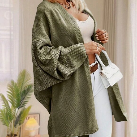 Army Green Casual Women's Oversized Open Front Batwing Sleeve Sweater Cardigan - Picture 2 of 3